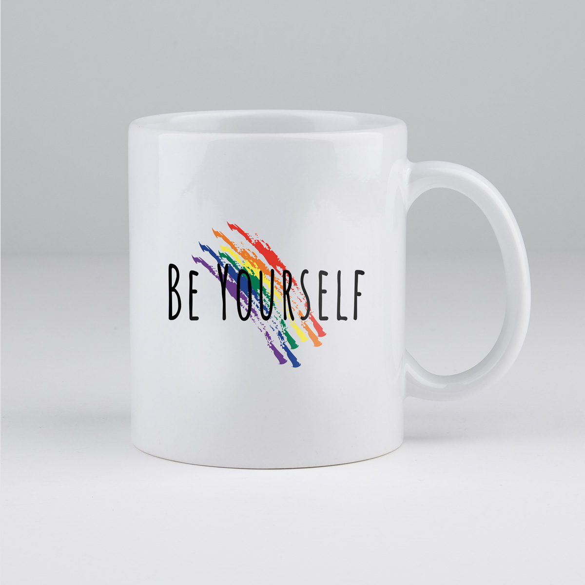 be yourself, regenboog kleuren, gay, coming out, koffie mok, leuk, awareness
